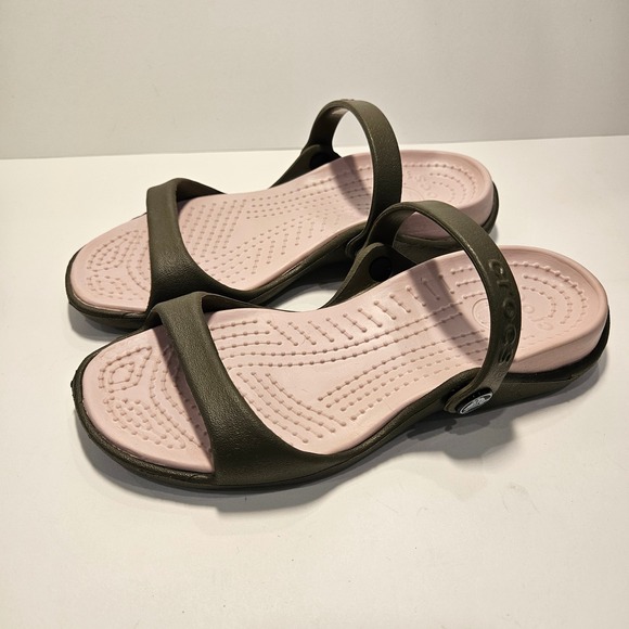CROCS Shoes - Crocs Cleo Women 5 Olive Green Grey Pink Dual Strap Comfort Slide Sandals